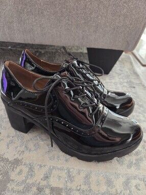 DADAWEN Black Patent Platform Oxford Heels Lug Sole Lace Up Chunky Goth 8.5